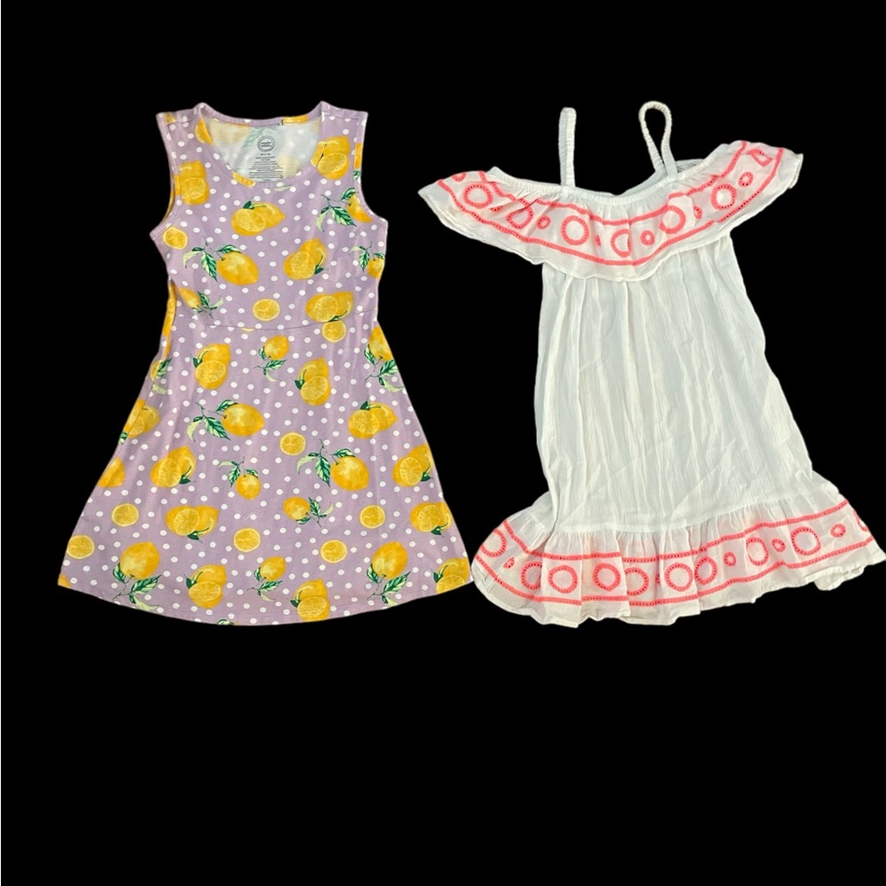 Cat & Jack whit gauze embroidered summer dress & lemon knit dress girls M 7/8